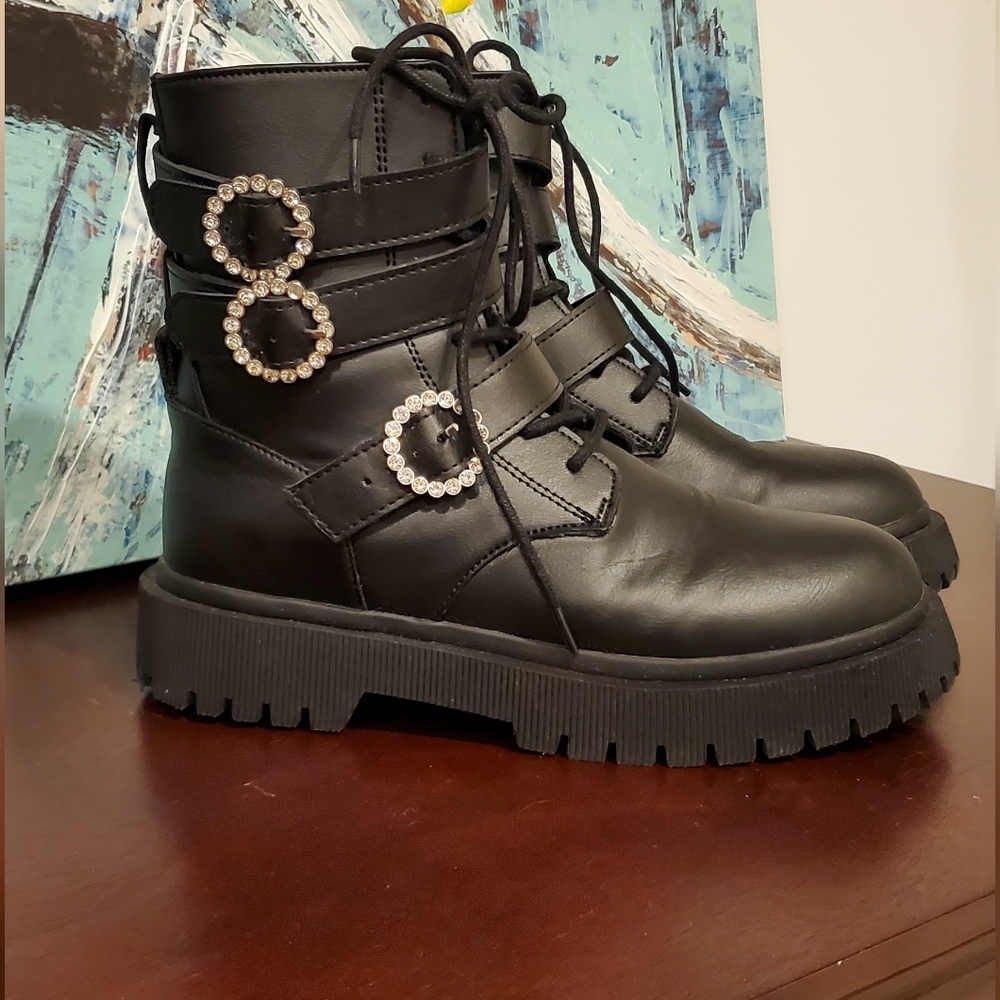 ZARA Women's Black Combat Boots, Embellished Rhinestone Buckle Accents,Size 36.
